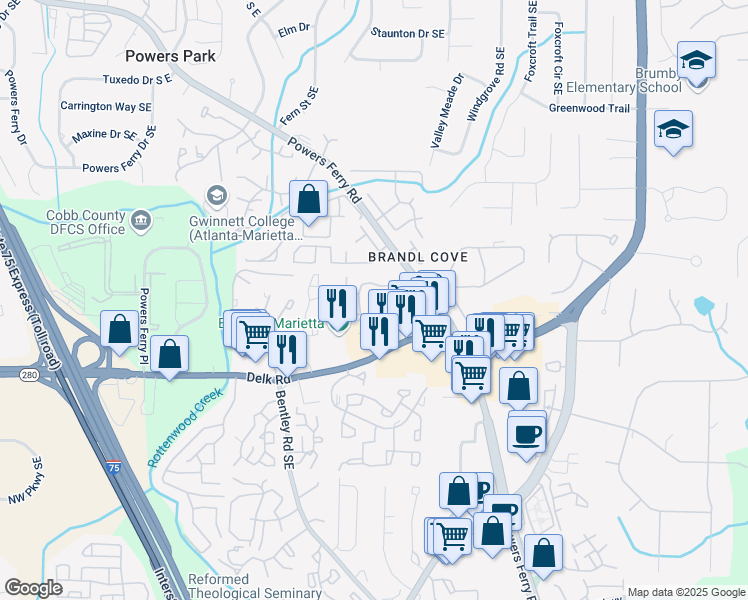 map of restaurants, bars, coffee shops, grocery stores, and more near 2310 Winterset Parkway in Marietta