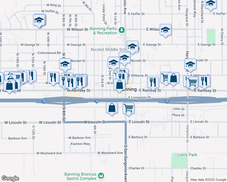 map of restaurants, bars, coffee shops, grocery stores, and more near 166A West Ramsey Street in Banning