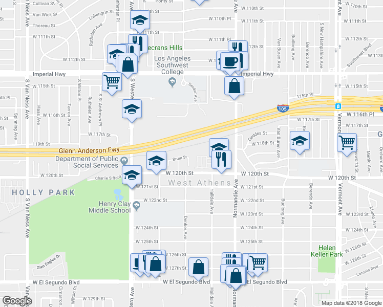 map of restaurants, bars, coffee shops, grocery stores, and more near 1629 Bruin Street in Los Angeles