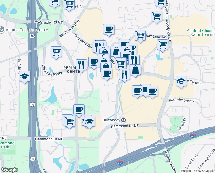 map of restaurants, bars, coffee shops, grocery stores, and more near 211 Perimeter Center Pkwy NE in Dunwoody