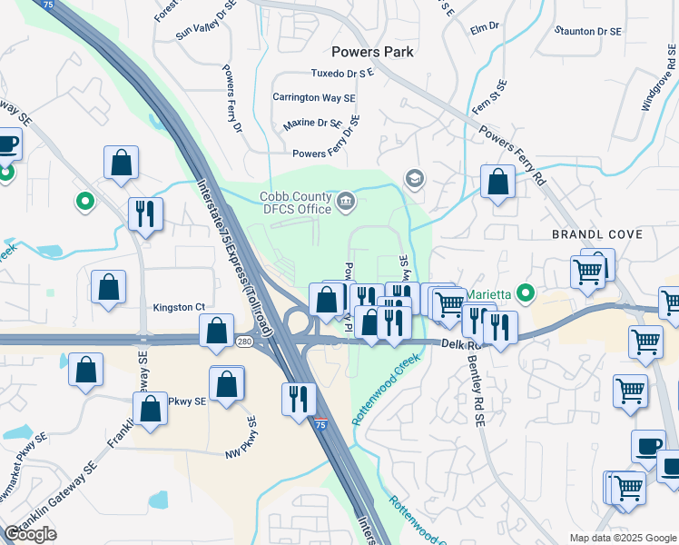 map of restaurants, bars, coffee shops, grocery stores, and more near 1113 Powers Ferry Place in Marietta