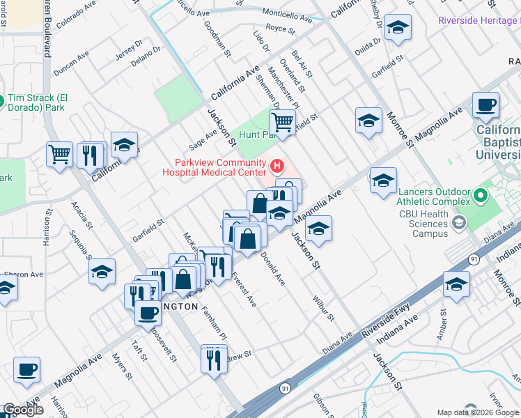 map of restaurants, bars, coffee shops, grocery stores, and more near 3879 Lafayette Street in Riverside