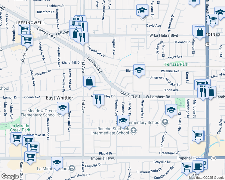 map of restaurants, bars, coffee shops, grocery stores, and more near 11721 Tigrina Avenue in Whittier