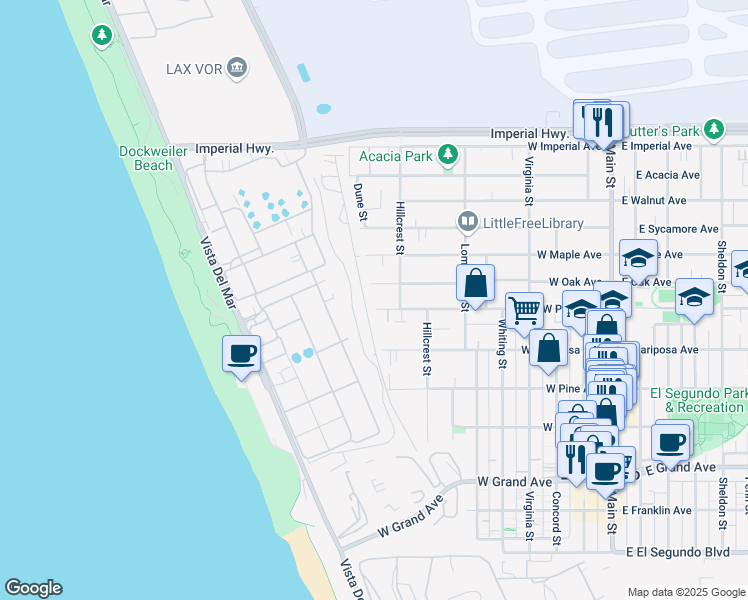 map of restaurants, bars, coffee shops, grocery stores, and more near 723 West Palm Avenue in El Segundo