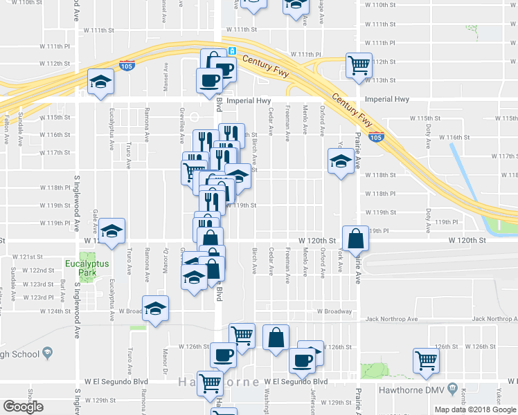 map of restaurants, bars, coffee shops, grocery stores, and more near 11902 Birch Avenue in Hawthorne