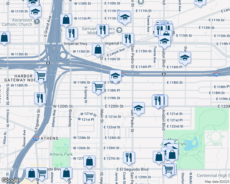 map of restaurants, bars, coffee shops, grocery stores, and more near 152 East 118th Place in Los Angeles