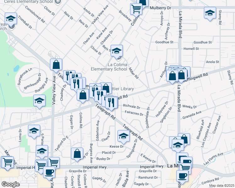 map of restaurants, bars, coffee shops, grocery stores, and more near 11502 Double Eagle Drive in Whittier
