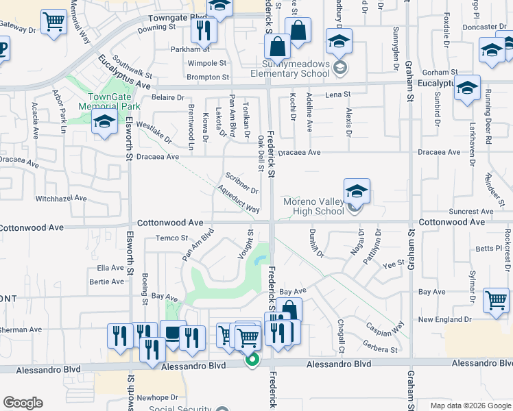 map of restaurants, bars, coffee shops, grocery stores, and more near 13467 Oak Dell Street in Moreno Valley