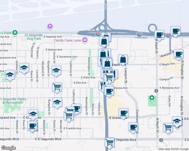 map of restaurants, bars, coffee shops, grocery stores, and more near 1625 East Palm Avenue in El Segundo
