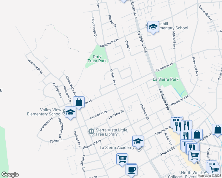map of restaurants, bars, coffee shops, grocery stores, and more near 11327 Gramercy Place in Riverside