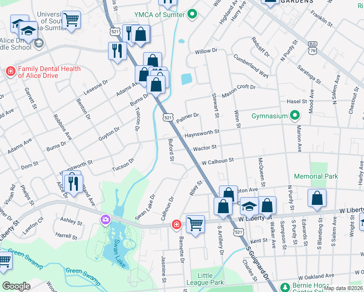 map of restaurants, bars, coffee shops, grocery stores, and more near 203 Wactor Street in Sumter
