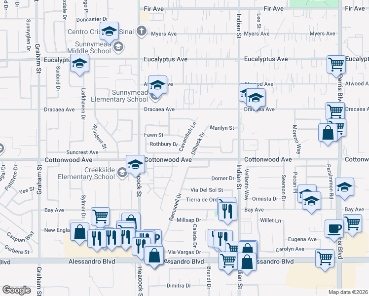 map of restaurants, bars, coffee shops, grocery stores, and more near 13450 Cavandish Lane in Moreno Valley