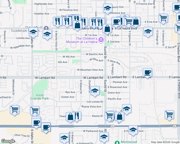 map of restaurants, bars, coffee shops, grocery stores, and more near 326 West Mountain View Avenue in La Habra
