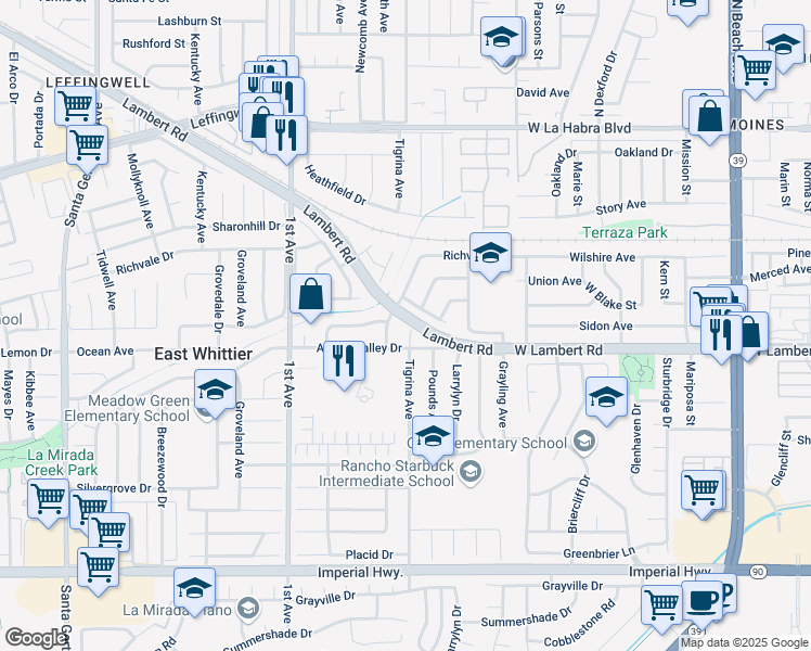 map of restaurants, bars, coffee shops, grocery stores, and more near 11721 Tigrina Avenue in Whittier