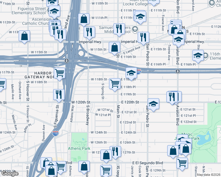 map of restaurants, bars, coffee shops, grocery stores, and more near 126 West 118th Place in Los Angeles