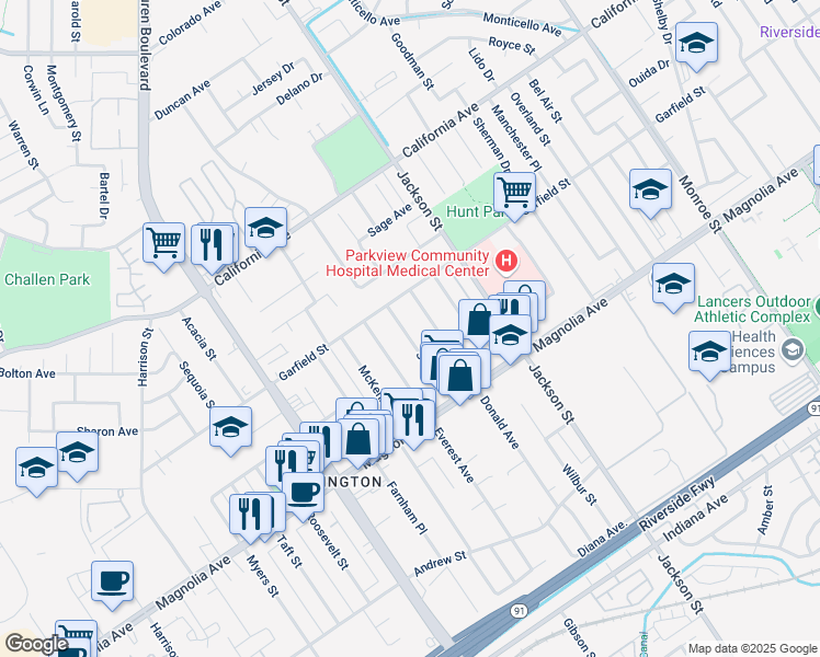 map of restaurants, bars, coffee shops, grocery stores, and more near 3951 Stotts Street in Riverside