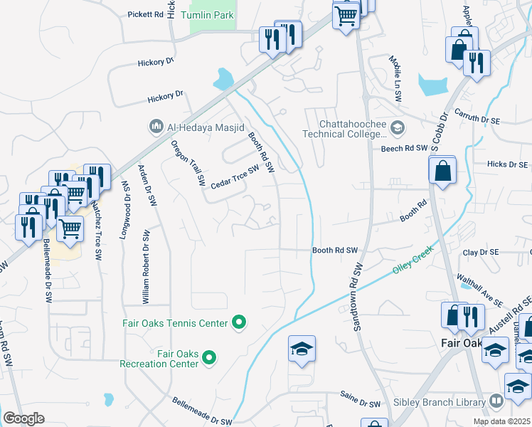 map of restaurants, bars, coffee shops, grocery stores, and more near 578 Summit Lane Southwest in Marietta