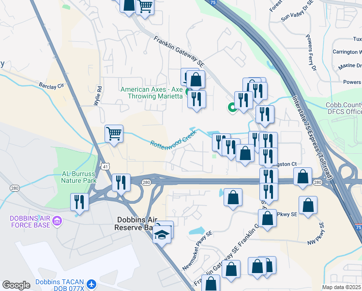 map of restaurants, bars, coffee shops, grocery stores, and more near 1809 Ashborough Circle in Marietta