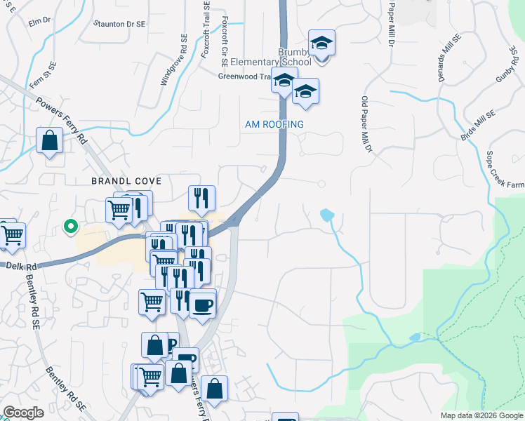map of restaurants, bars, coffee shops, grocery stores, and more near 1057 Della Street Southeast in Marietta