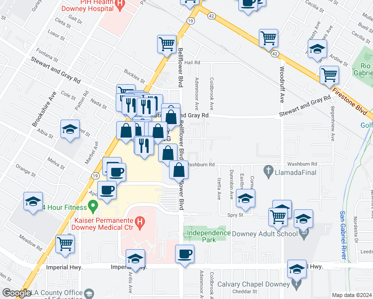 map of restaurants, bars, coffee shops, grocery stores, and more near 12024 Bellflower Boulevard in Downey