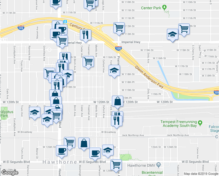 map of restaurants, bars, coffee shops, grocery stores, and more near 11901 York Avenue in Hawthorne