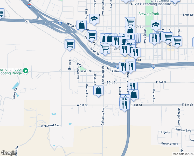map of restaurants, bars, coffee shops, grocery stores, and more near 332 Walnut Street in Beaumont