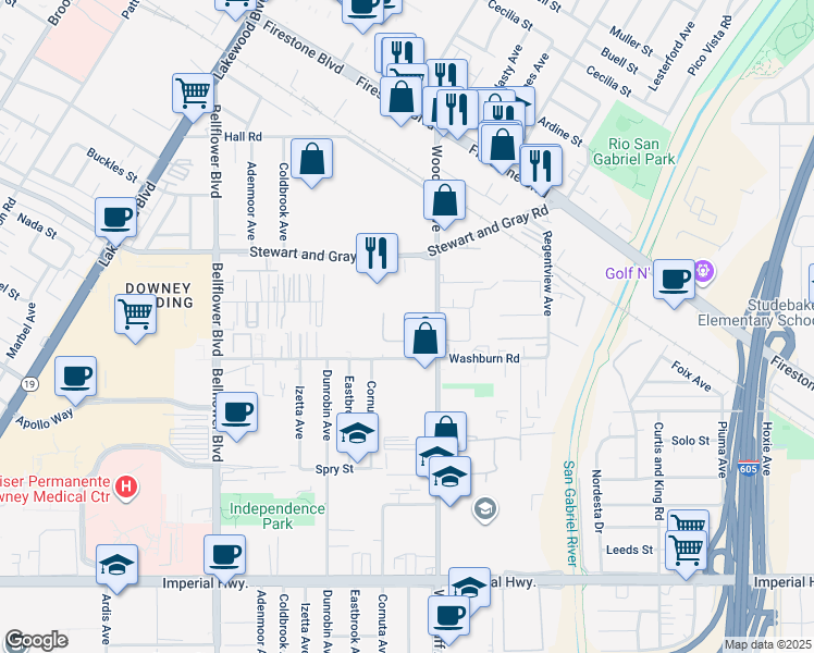 map of restaurants, bars, coffee shops, grocery stores, and more near 12021 Woodruff Avenue in Downey