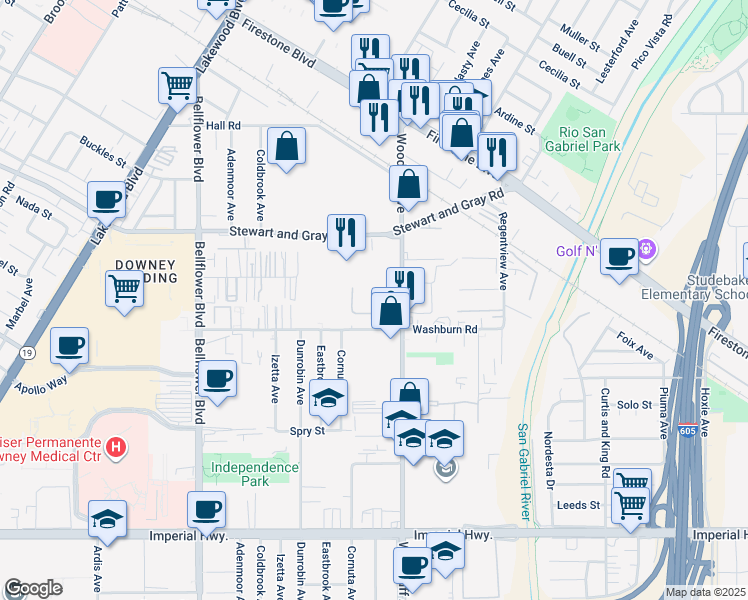 map of restaurants, bars, coffee shops, grocery stores, and more near 12021 Woodruff Avenue in Downey