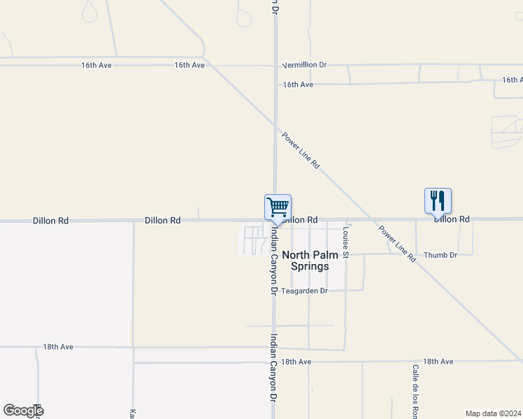 map of restaurants, bars, coffee shops, grocery stores, and more near Dillon Road in NO PALM SPRINGS