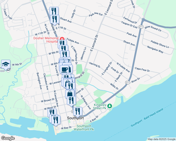 map of restaurants, bars, coffee shops, grocery stores, and more near 319 Willis Drive in Southport