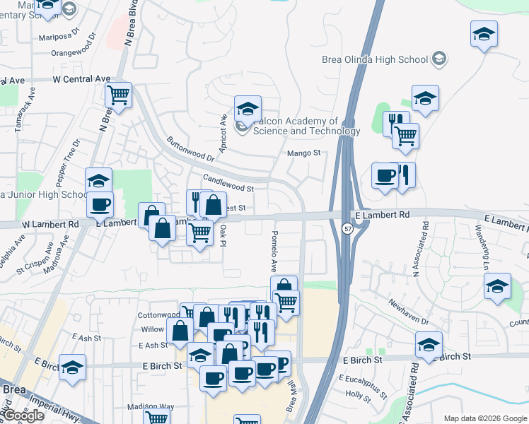 map of restaurants, bars, coffee shops, grocery stores, and more near 511 Balsa Avenue in Brea