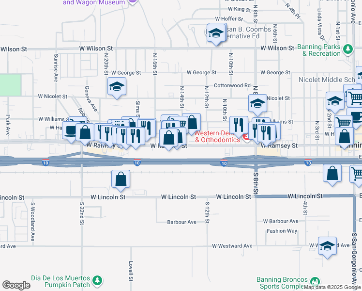 map of restaurants, bars, coffee shops, grocery stores, and more near 1391 West Ramsey Street in Banning