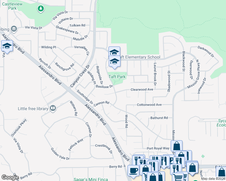 map of restaurants, bars, coffee shops, grocery stores, and more near 981 Clearwood Avenue in Riverside