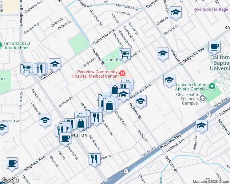 map of restaurants, bars, coffee shops, grocery stores, and more near 3879 Lafayette Street in Riverside