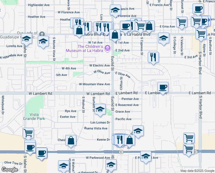 map of restaurants, bars, coffee shops, grocery stores, and more near 601 South Euclid Street in La Habra
