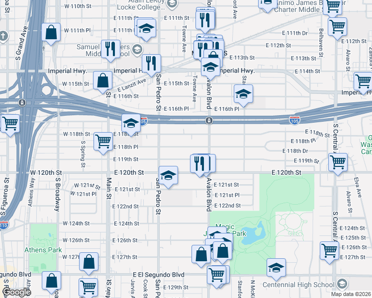 map of restaurants, bars, coffee shops, grocery stores, and more near 358 East 118th Place in Los Angeles