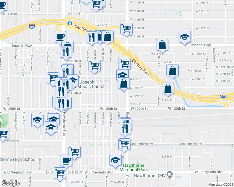map of restaurants, bars, coffee shops, grocery stores, and more near 11901 York Avenue in Hawthorne