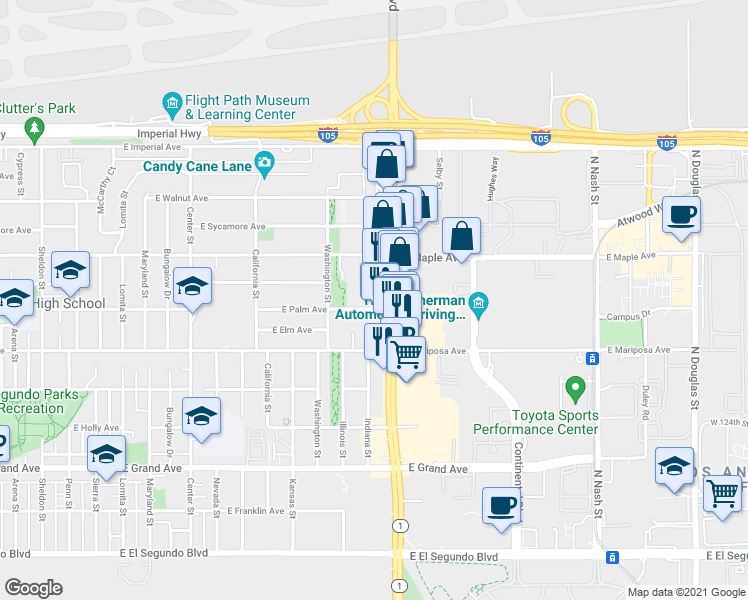 map of restaurants, bars, coffee shops, grocery stores, and more near 703 North Pacific Coast Highway in El Segundo