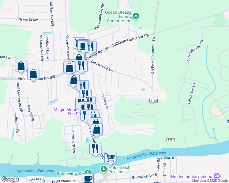 map of restaurants, bars, coffee shops, grocery stores, and more near 2933 Blue Sky Drive Southwest in Brunswick County