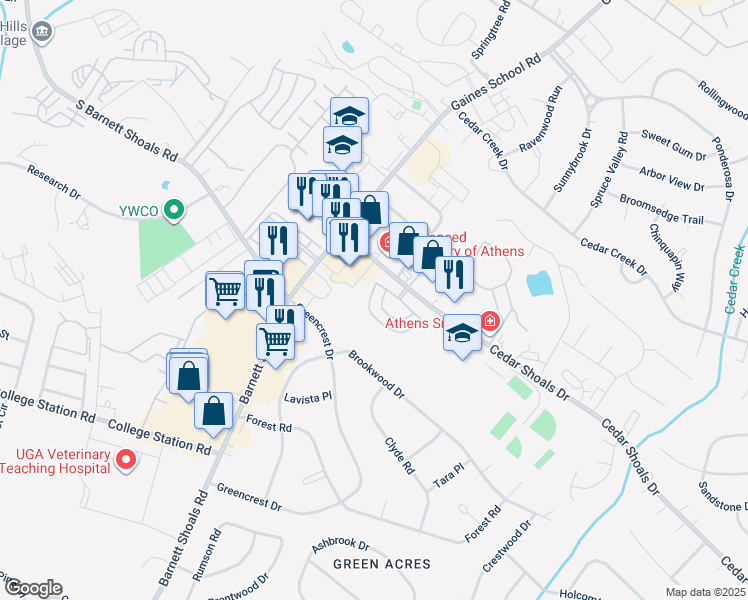 map of restaurants, bars, coffee shops, grocery stores, and more near 110 Viking Court in Athens