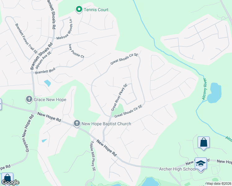 map of restaurants, bars, coffee shops, grocery stores, and more near 1138 Low Water Way Southeast in Lawrenceville