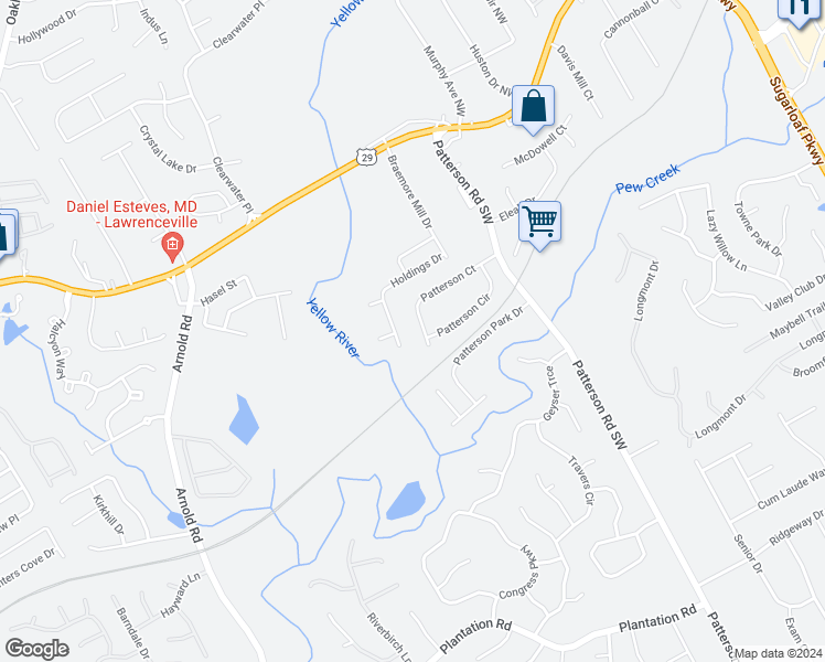 map of restaurants, bars, coffee shops, grocery stores, and more near 75 Holdings Drive in Lawrenceville