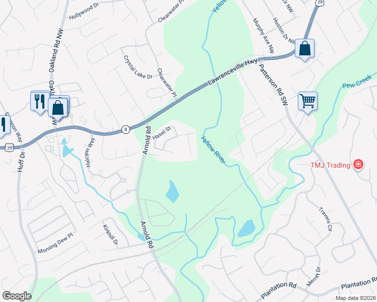 map of restaurants, bars, coffee shops, grocery stores, and more near 28 Burns View Court in Lawrenceville