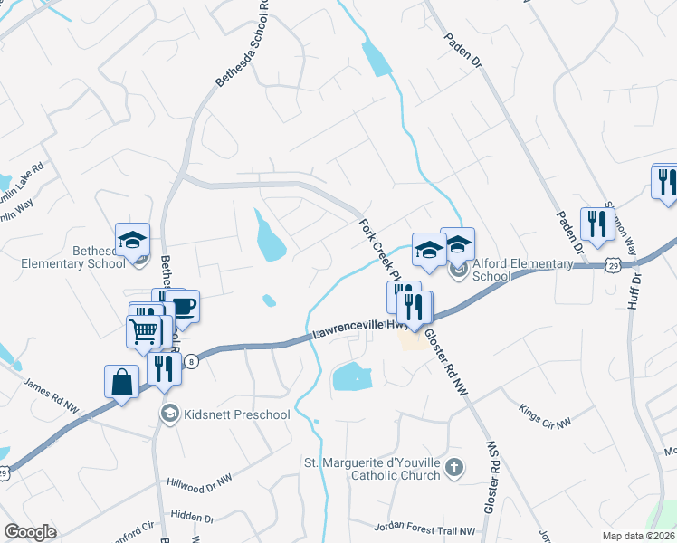 map of restaurants, bars, coffee shops, grocery stores, and more near 427 Autumn Park Trce in Lawrenceville