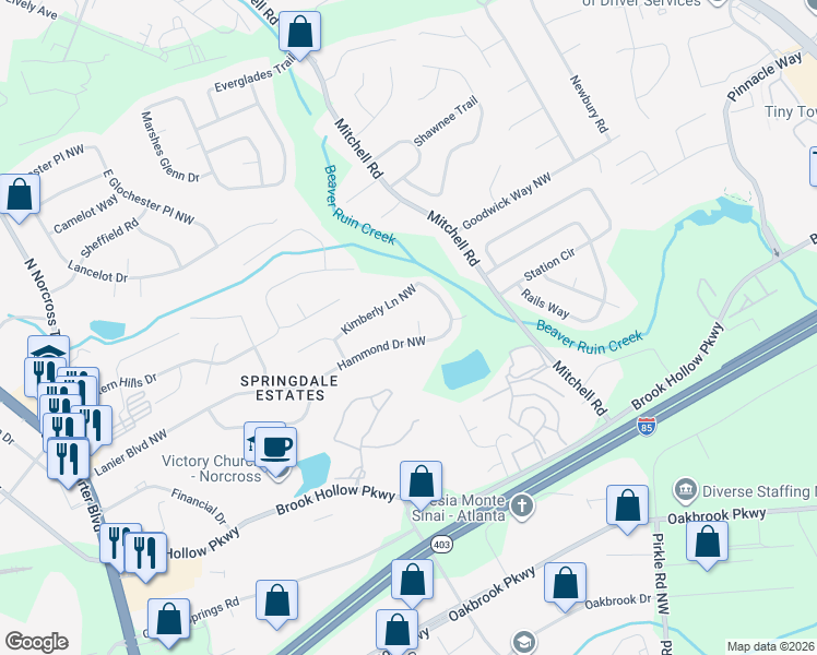 map of restaurants, bars, coffee shops, grocery stores, and more near 2057 Lanier Terrace Northwest in Norcross