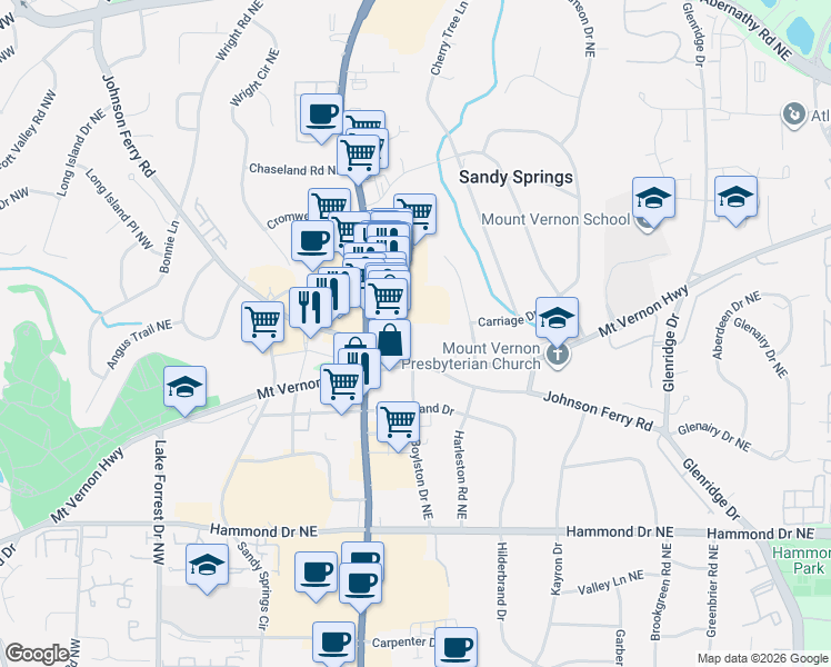 map of restaurants, bars, coffee shops, grocery stores, and more near 300 Johnson Ferry Road in Atlanta