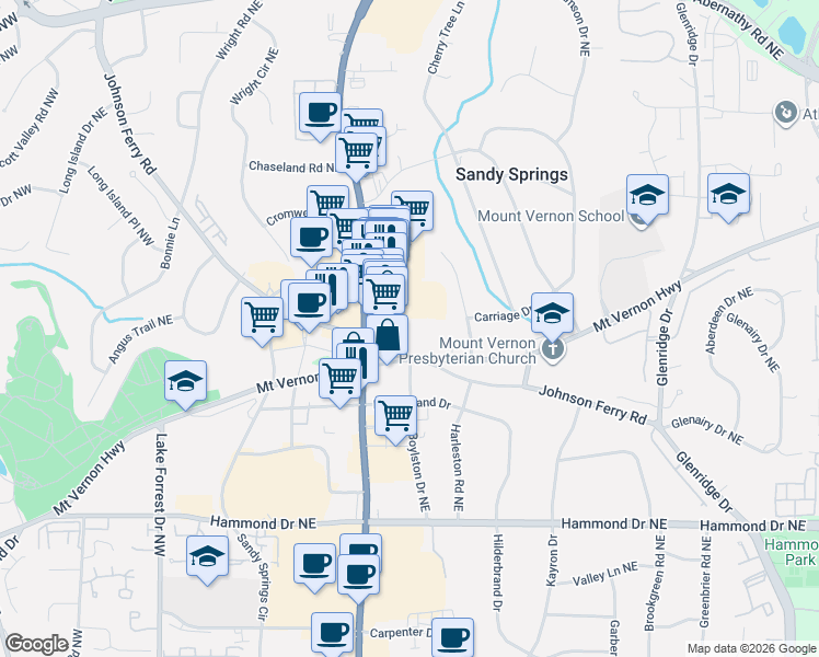 map of restaurants, bars, coffee shops, grocery stores, and more near 6235a Roswell Road Northeast in Sandy Springs