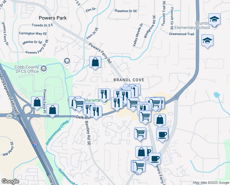 map of restaurants, bars, coffee shops, grocery stores, and more near 2310 Winterset Parkway in Marietta