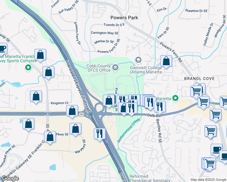 map of restaurants, bars, coffee shops, grocery stores, and more near 2000 Highland Parc Place Southeast in Marietta