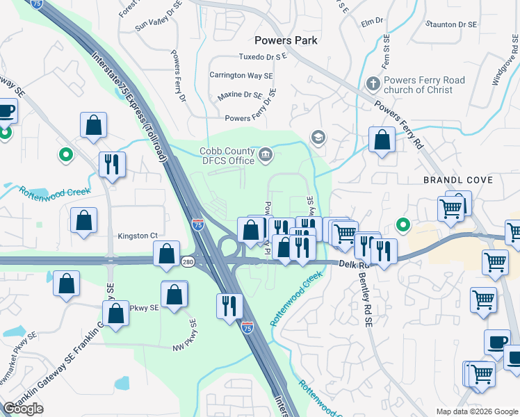 map of restaurants, bars, coffee shops, grocery stores, and more near 2000 Highland Parc Place Southeast in Marietta